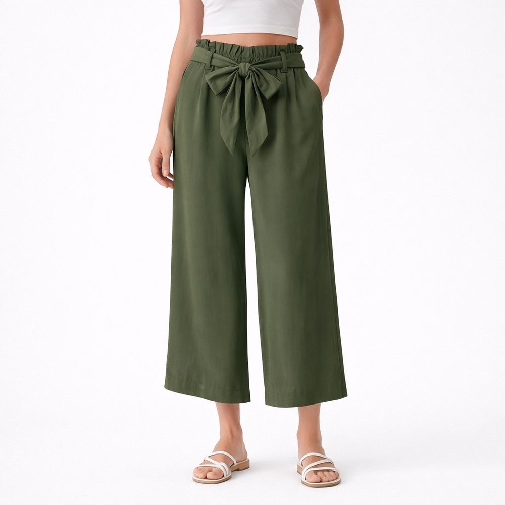 J.Crew Point Sur Olive Green Wide Leg Crop Pants Minimalist Belt Pockets Size 10